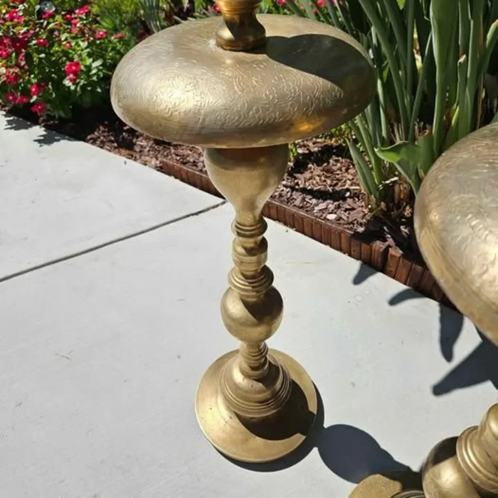Vintage Pair of XLarge Etched Brass Floor Candle Holders